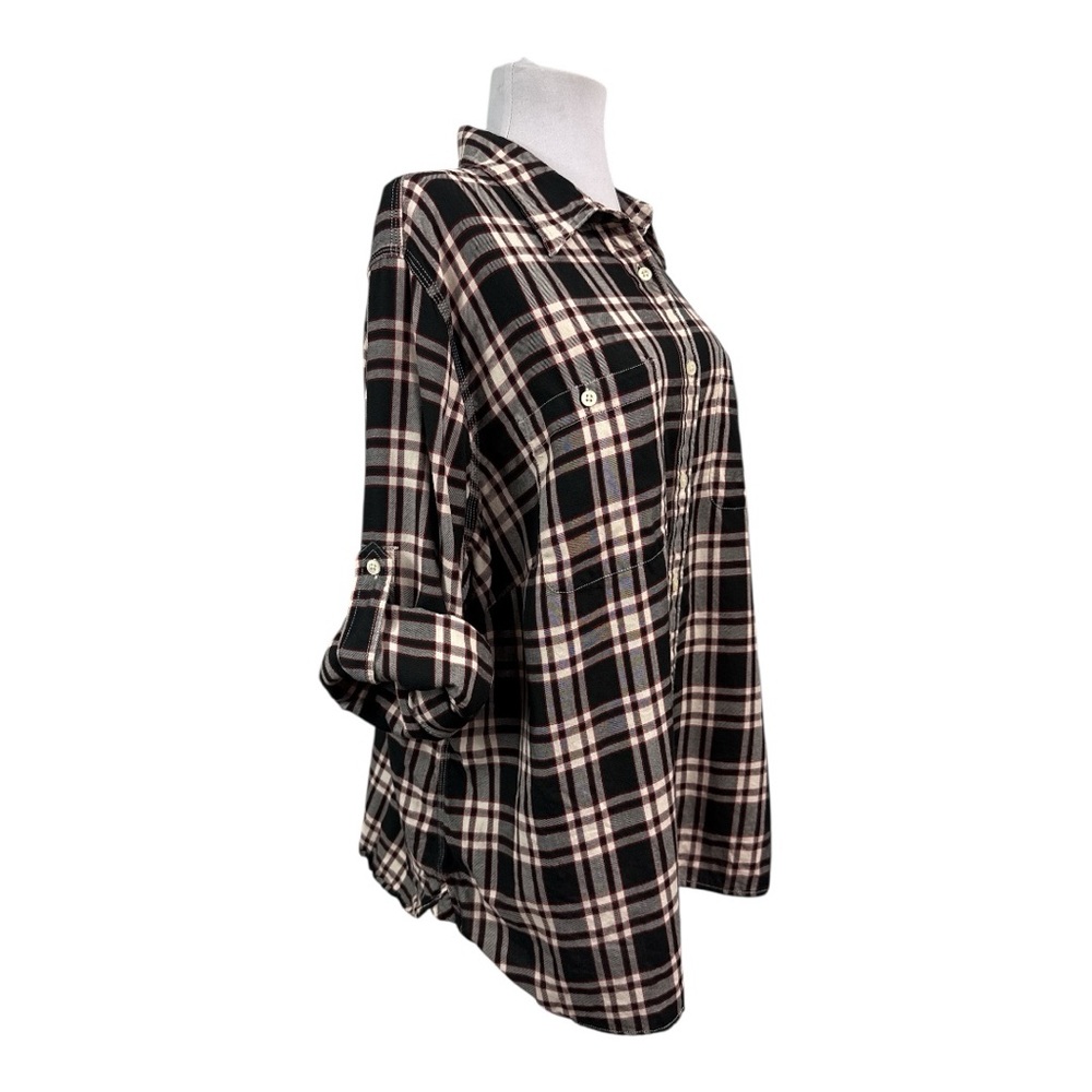 Ralph Lauren Women's 2X Button Down Blouse 100% Cotton Plaid Red Black Roll Tabs - Picture 2 of 5